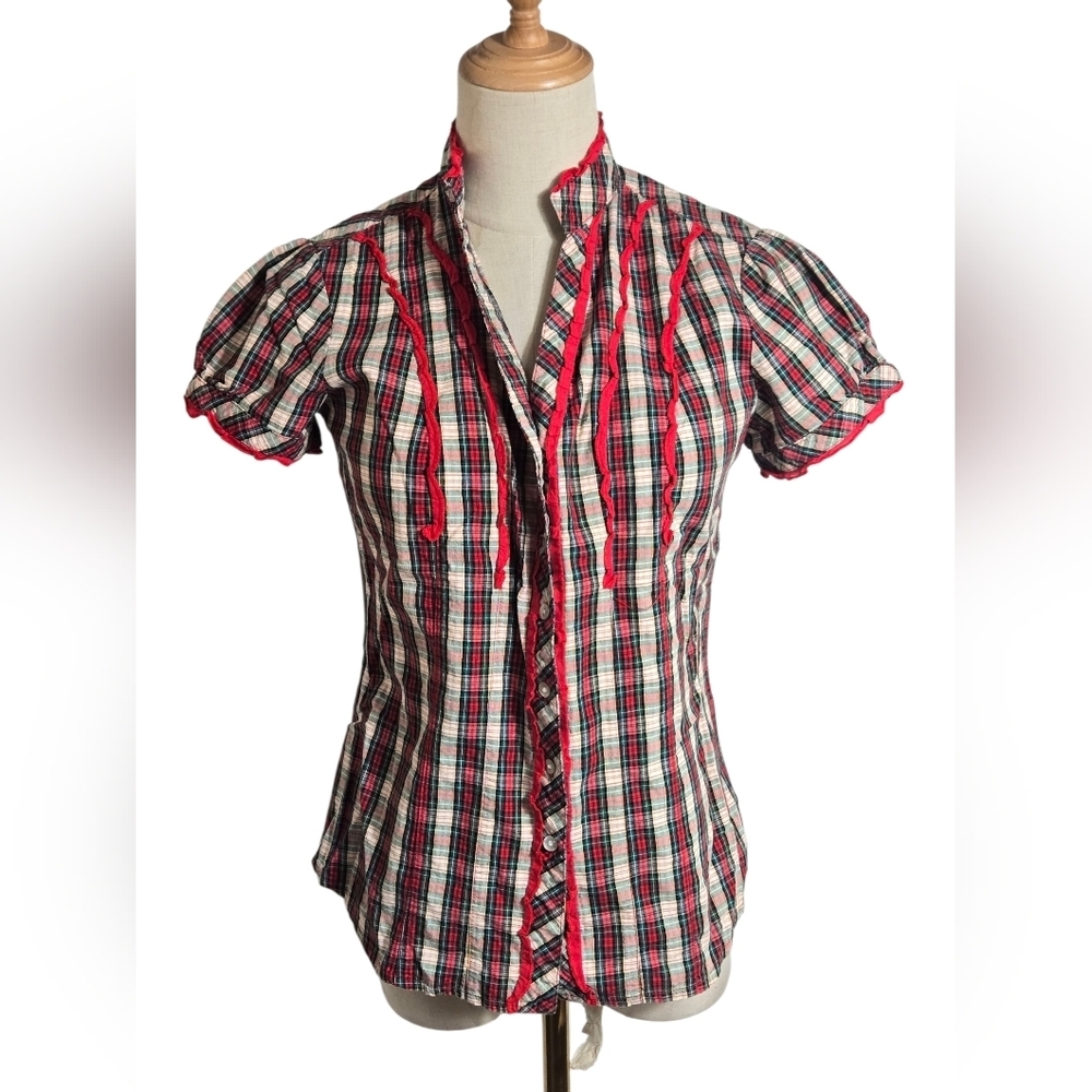 Antilia Femme Y2K Red And Green Plaid Short Sleeve Blouse